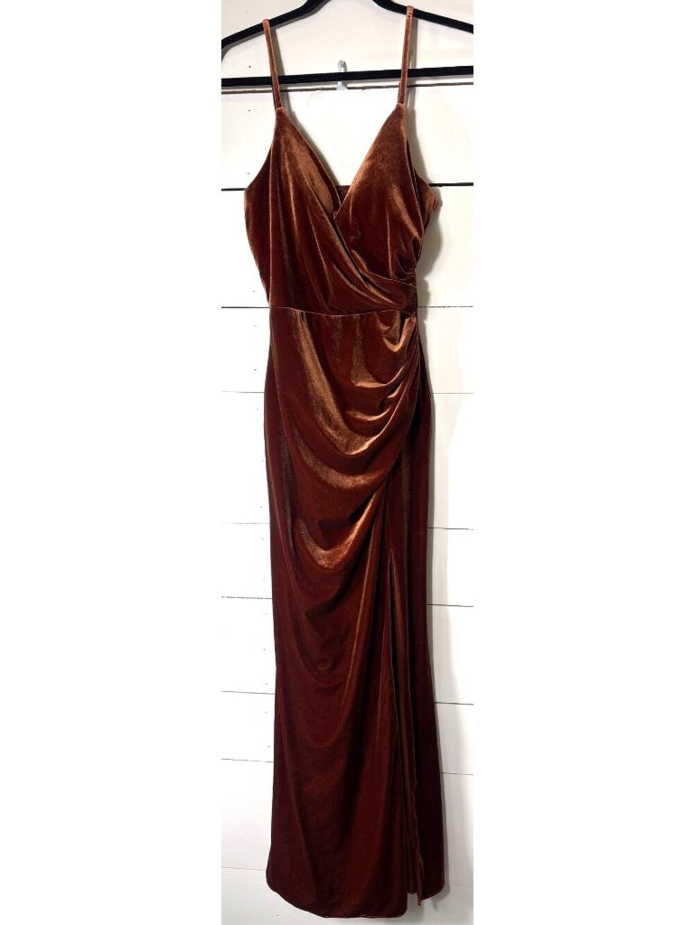 Revelry Rust Velvet Formal Maxi Dress With Draped Detail & Spaghetti Straps